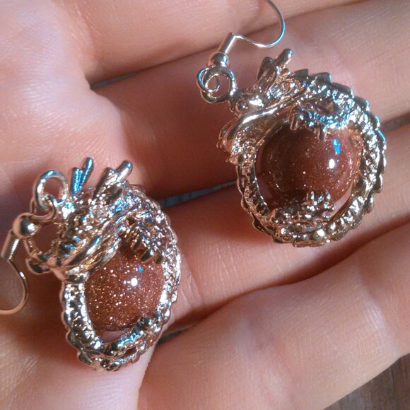 Gold Sandstone and Brown Austrian Crystal Dragon Dangle Earrings - Picture 1 of 9